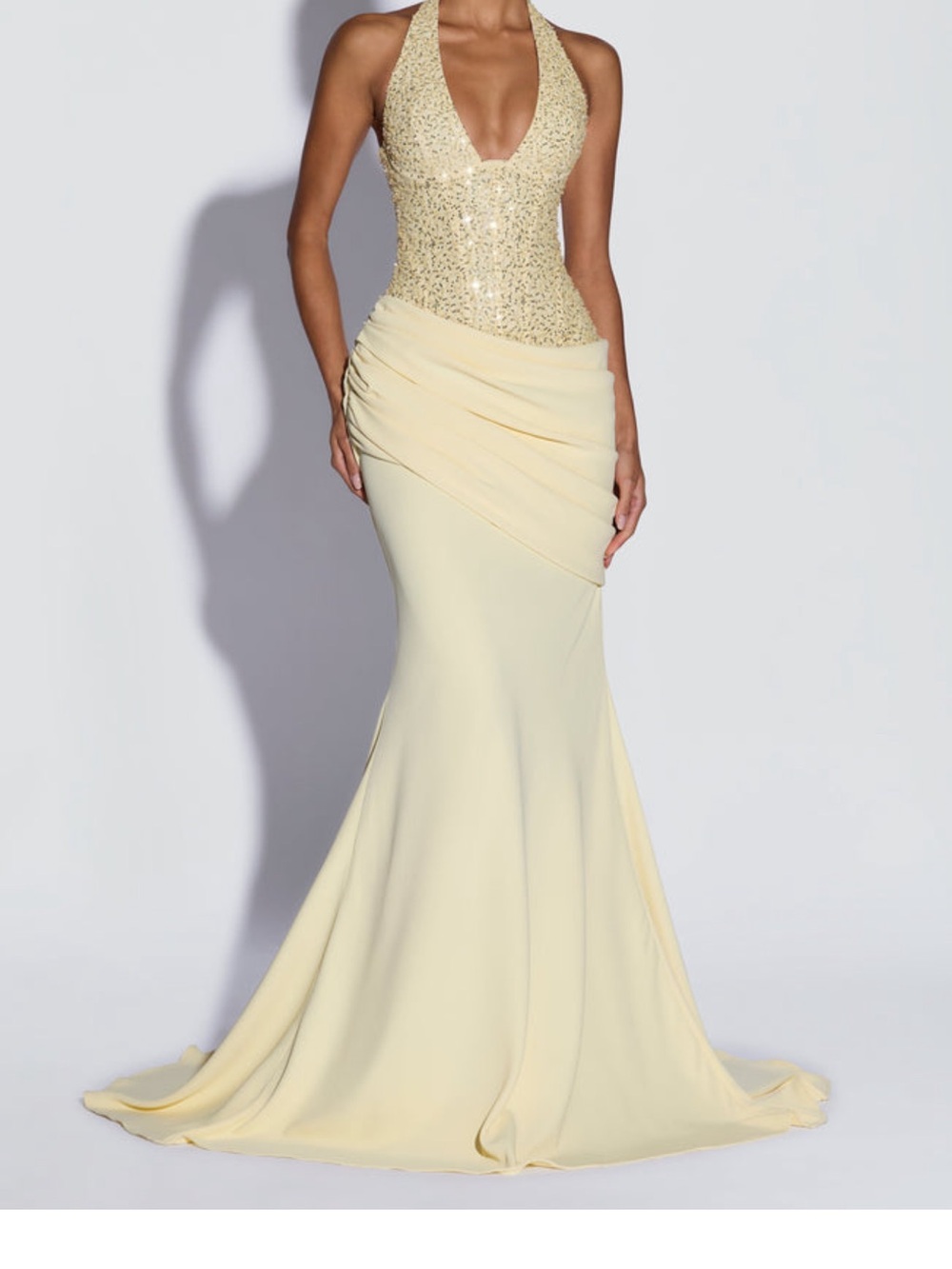 Sequined Halter Evening Gown in Pale Yellow